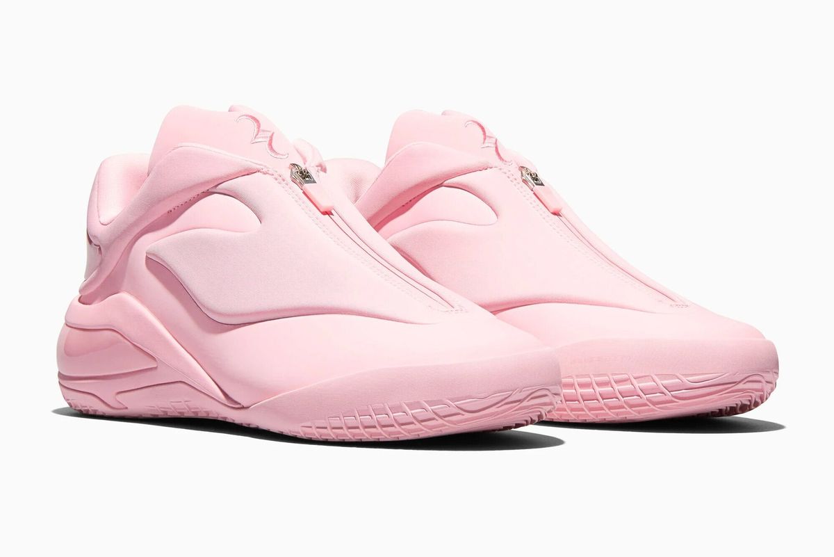 Converse SHAI 001 Tickled Pink colorway, side profile view of the signature mid-top basketball shoe