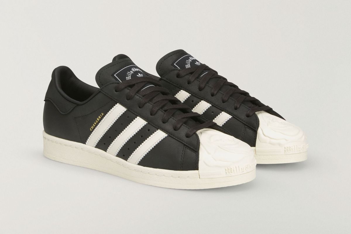 Willy Chavarria x adidas Superstar in Core Black and Cream White, front three-quarter view