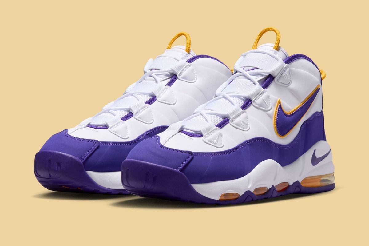 Derek Fisher x Nike Air Max Uptempo Lakers colorway featuring purple and gold details on the classic '90s basketball silhouette