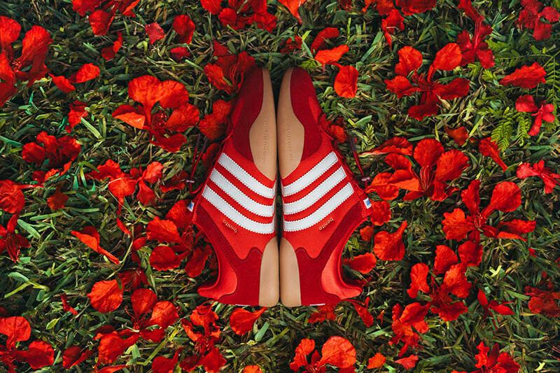 Bad Bunny x adidas Ballerina Vivid Red, inspired by Puerto Rico's flamboyán trees, releasing May 30, 2026