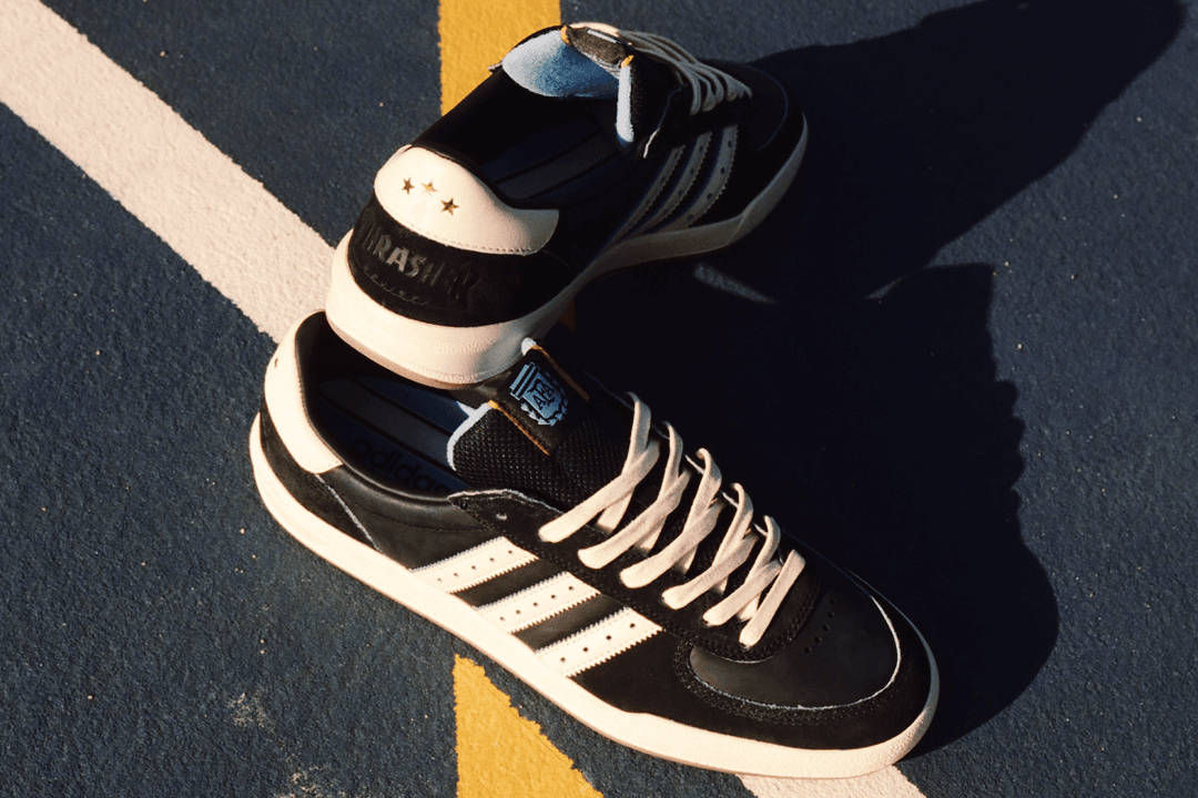 Thrasher x AFA x adidas Glenburn in Core Black, lateral and medial views showing minimalist skate-focused design
