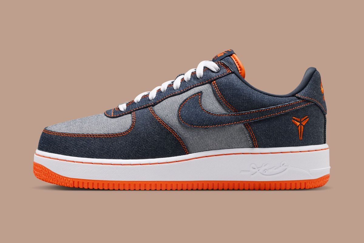 Nike Air Force 1 Low in denim colorway from the Kobe Bryant collaboration, front and side views showing the denim upper construction