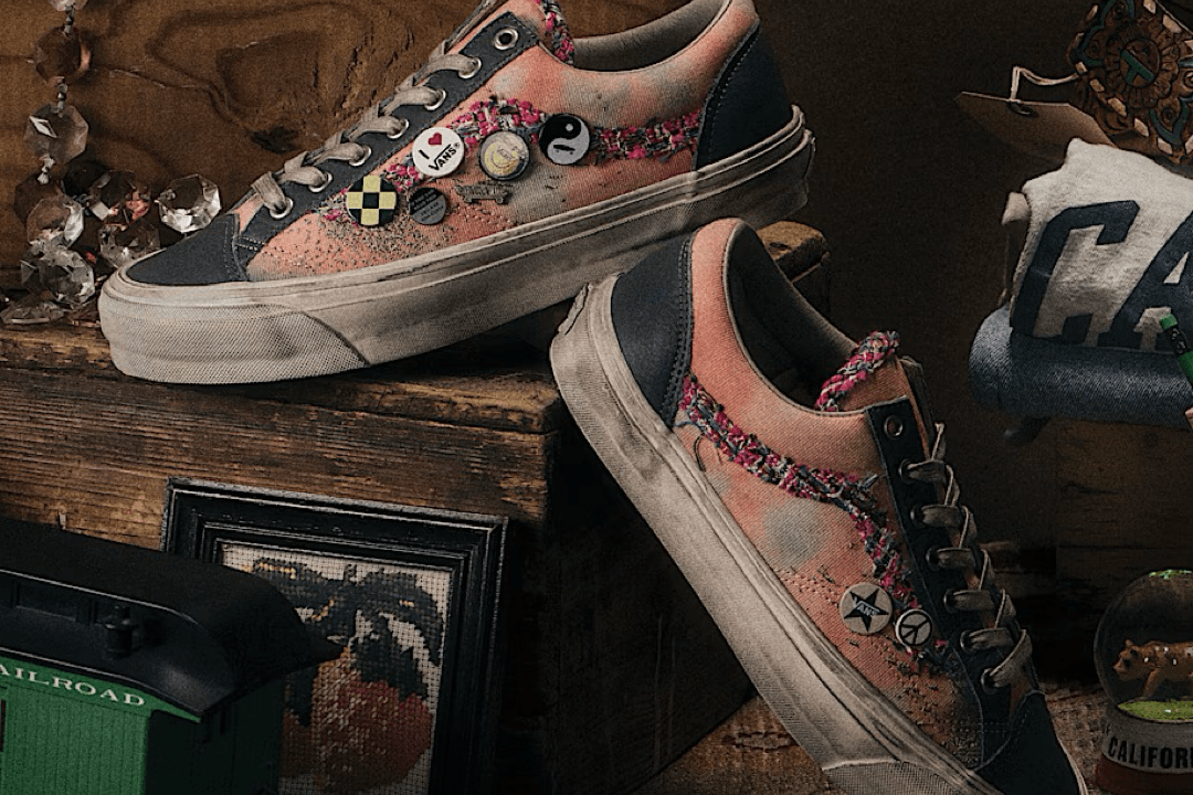 Vans Old Skool 36 Souvenir Pack in Asphalt and Pink colorway, angled side view