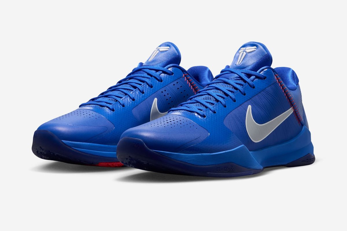 Nike Kobe 5 Protro in LA Dodgers blue and white colorway, featuring the signature midfoot shank and ankle support characteristic of the Zoom Kobe 5 silhouette