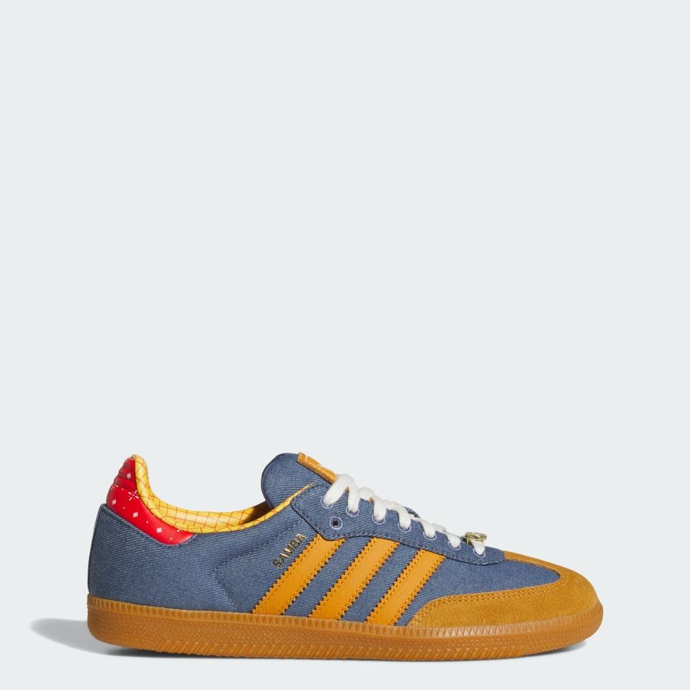 adidas Samba OG in Toy Story collaboration colorway featuring Pixar character design elements and classic gum rubber sole
