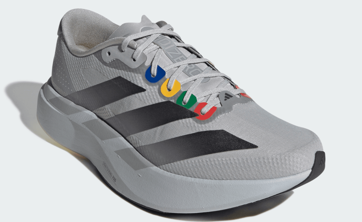 Carnival x adidas Adizero Evo SL in grey, inspired by early 2000s video game console design
