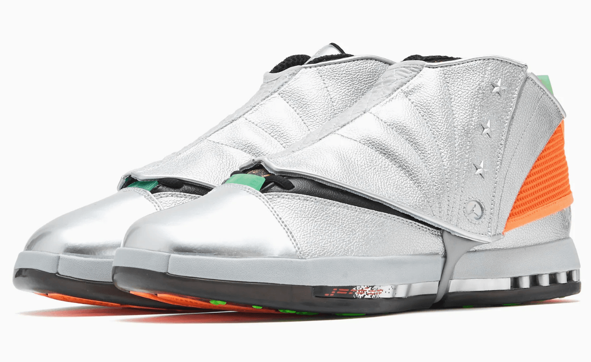 Free The Youth x Air Jordan 16 Retro with silver base, metallic chrome toebox, orange accents, and removable eagle-printed sheath