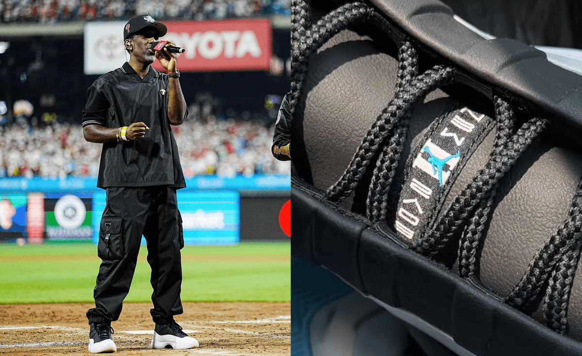 Boyz II Men wearing custom Air Jordan 11 PE with white leather mudguard and black fabric upper at MLB All-Star Game