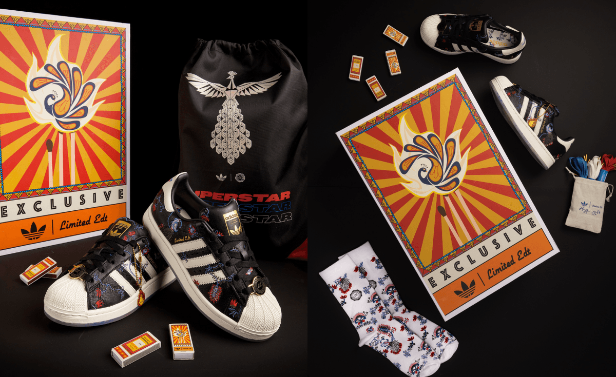 adidas Superstar x Limited Edt. in black leather with white shell toe and embroidered floral details