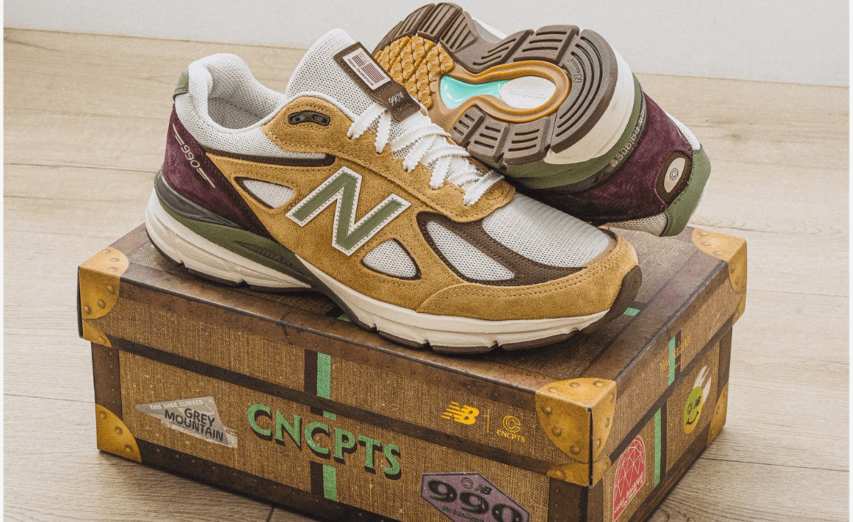 Concepts x New Balance 990v4 Made in USA featuring tan suede, burgundy heel panel, and olive green accents