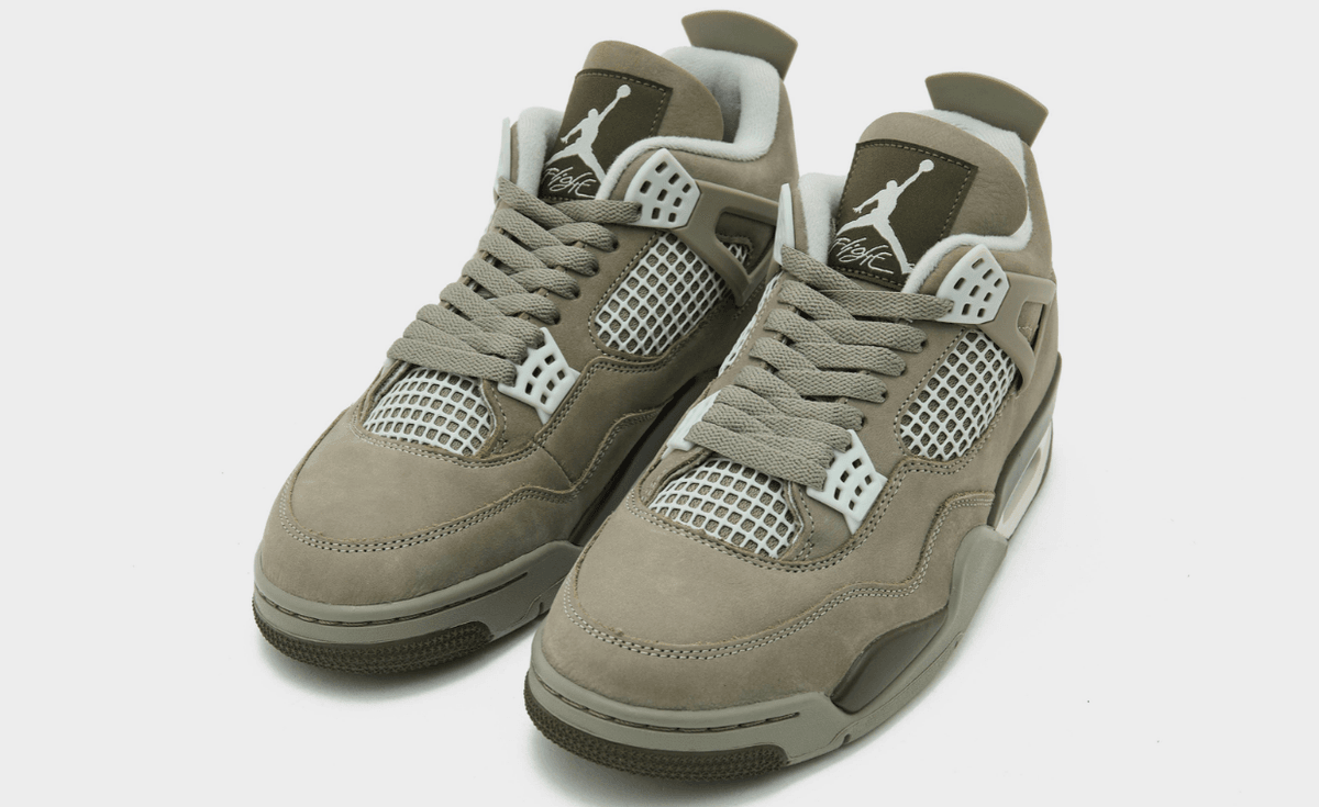 Air Jordan 4 Retro in Light Army Green colorway, shown from a side angle highlighting the quad-wing support structure and mesh detailing