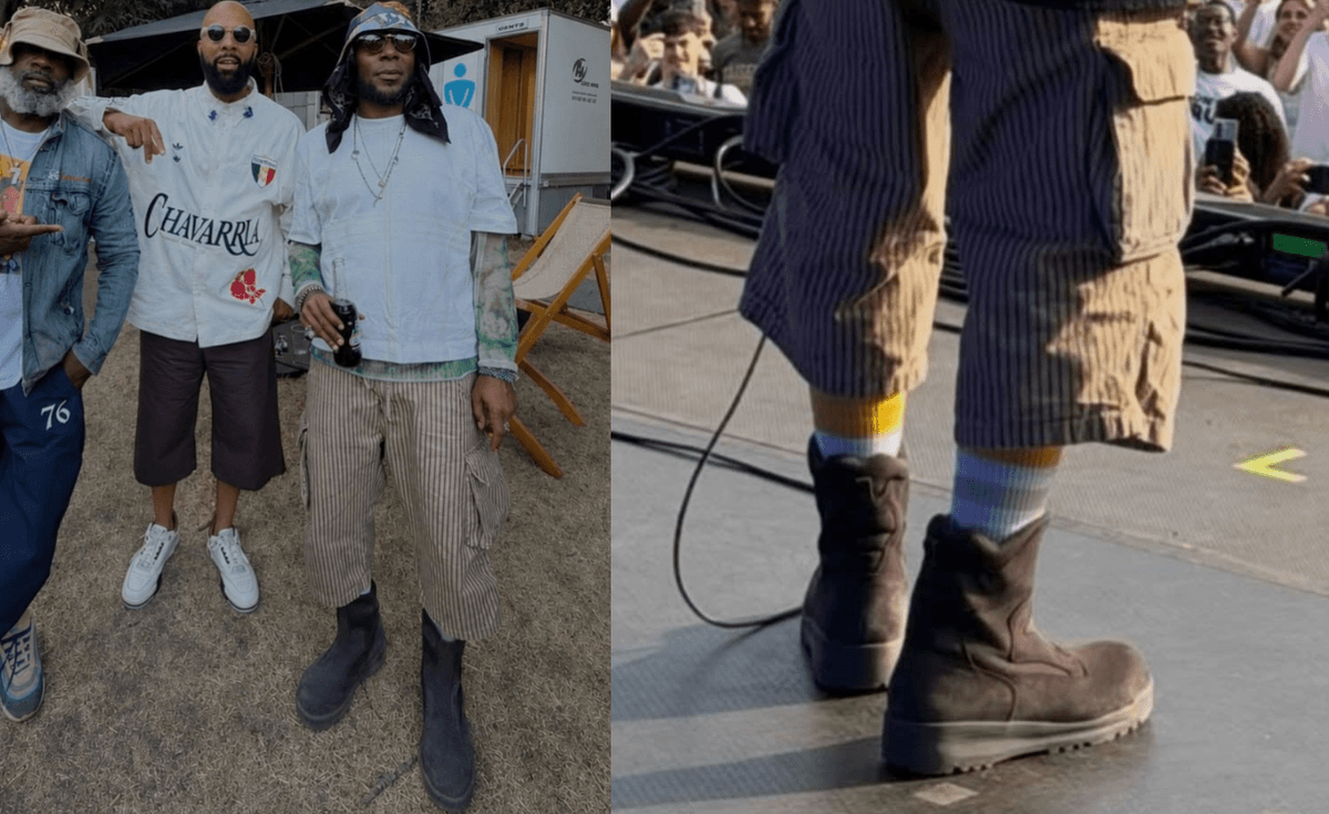 Yasiin Bey wearing unreleased black suede Yeezy laceless boot at The Roots Picnic Festival