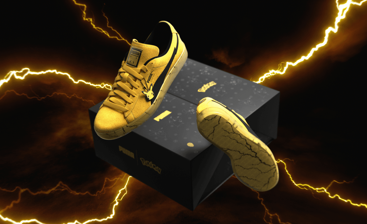 Puma x Pokémon Suede Pikachu in yellow suede with black accents and electric-shock graphics on midsole