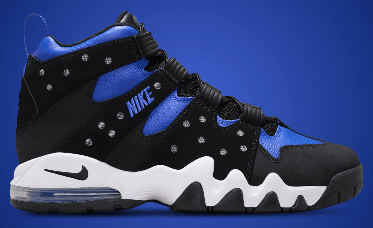 Nike Air Max 2 CB 94 Black Varsity Royal showing black nubuck toe, blue leather upper, and translucent blue Air heel unit