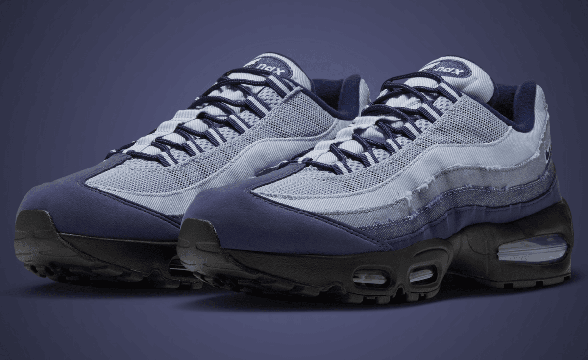 Nike Air Max 95 Big Bubble Denim Obsidian featuring light blue mesh base and tonal denim gradient stripes