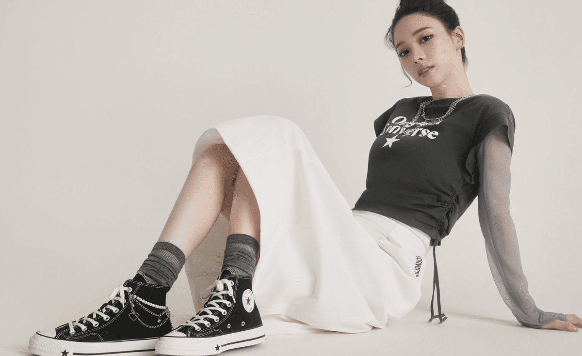 KARINA wearing Converse Run Star Crush lifestyle sneaker in campaign imagery alongside Chuck 70 X