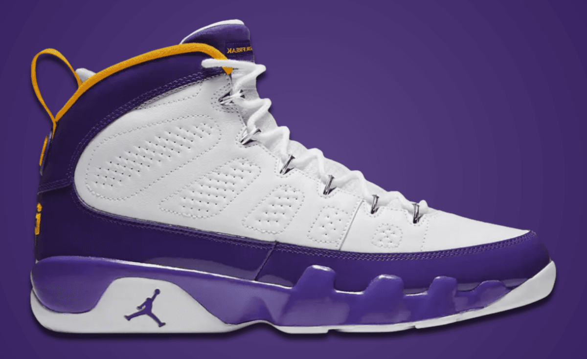 Air Jordan 9 Super Freak in white leather with purple patent overlays and gold accents, inspired by Randy Moss and Super Bowl LXI.