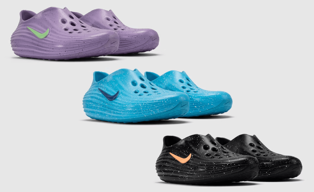 The Whitaker Group x Nike ReactX Rejuven8 Splatter Pack in Blue Drift, Black Signal, and Violet Rush colorways with contrasting paint splatter uppers