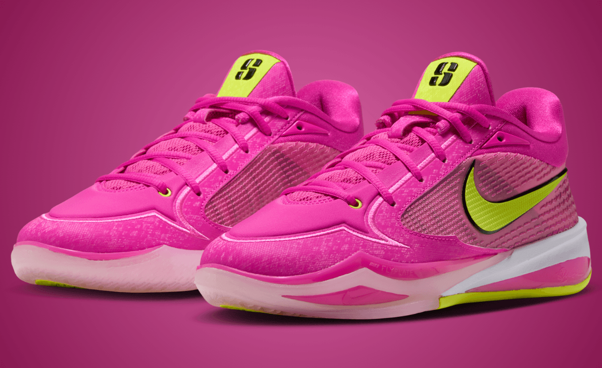 Nike Air Sabrina 4 Fuel in neon pink with lime yellow accents and textured snakeskin detailing, side profile view