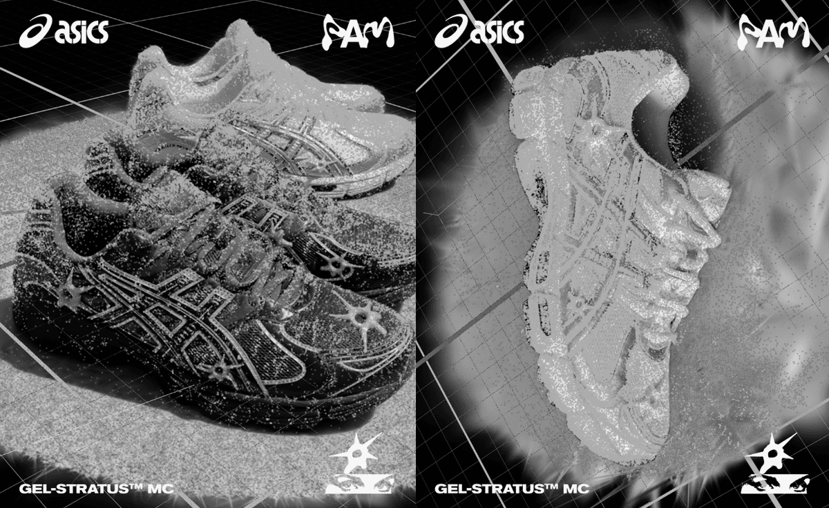 Perks and Mini x Asics Gel-Stratus MC Pack in Graphite Grey and Cream colorways with circle star graphics on toebox and heel