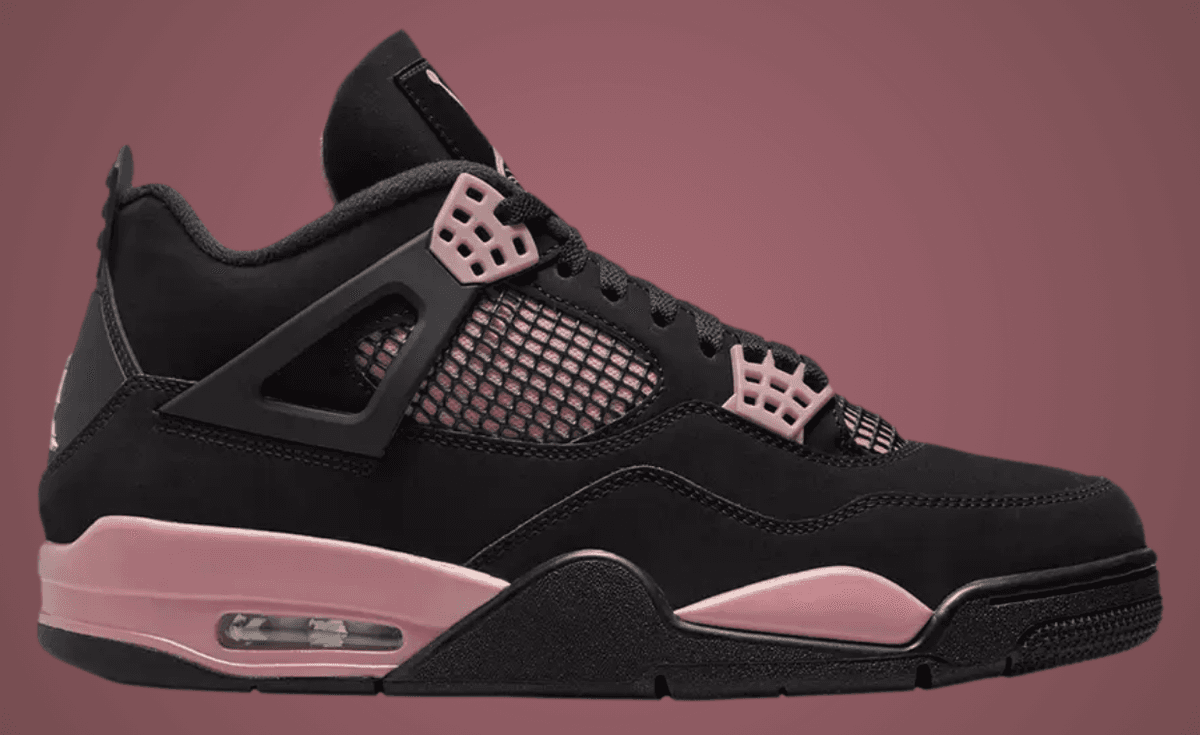 Air Jordan 4 Thunder in black and pink two-tone colorway, showing the quarter panel, jump man logo, and flight wing details