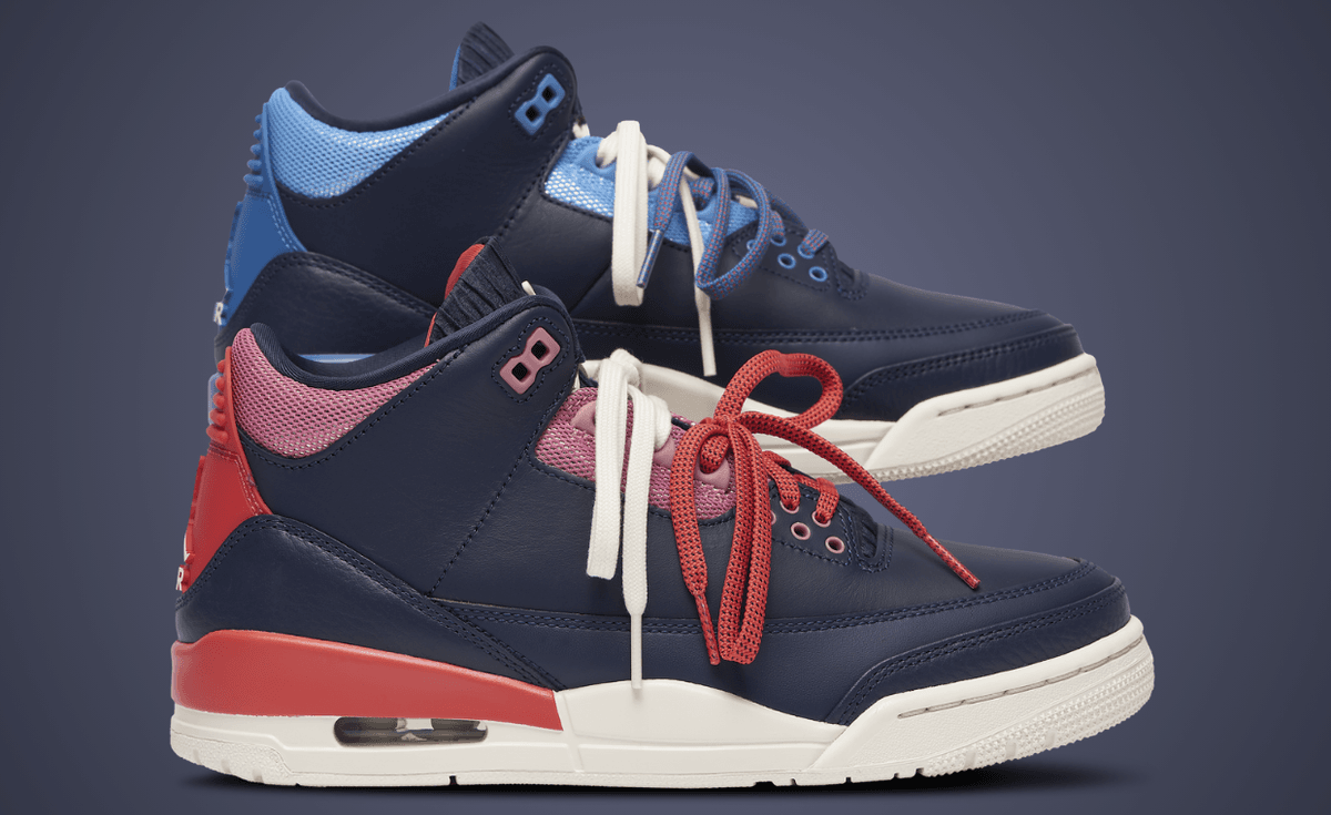 Air Jordan 3 Retro Sports Renaissance women's exclusive showing asymmetric navy, baby blue, and pink colorway with jogger-style tongue detail