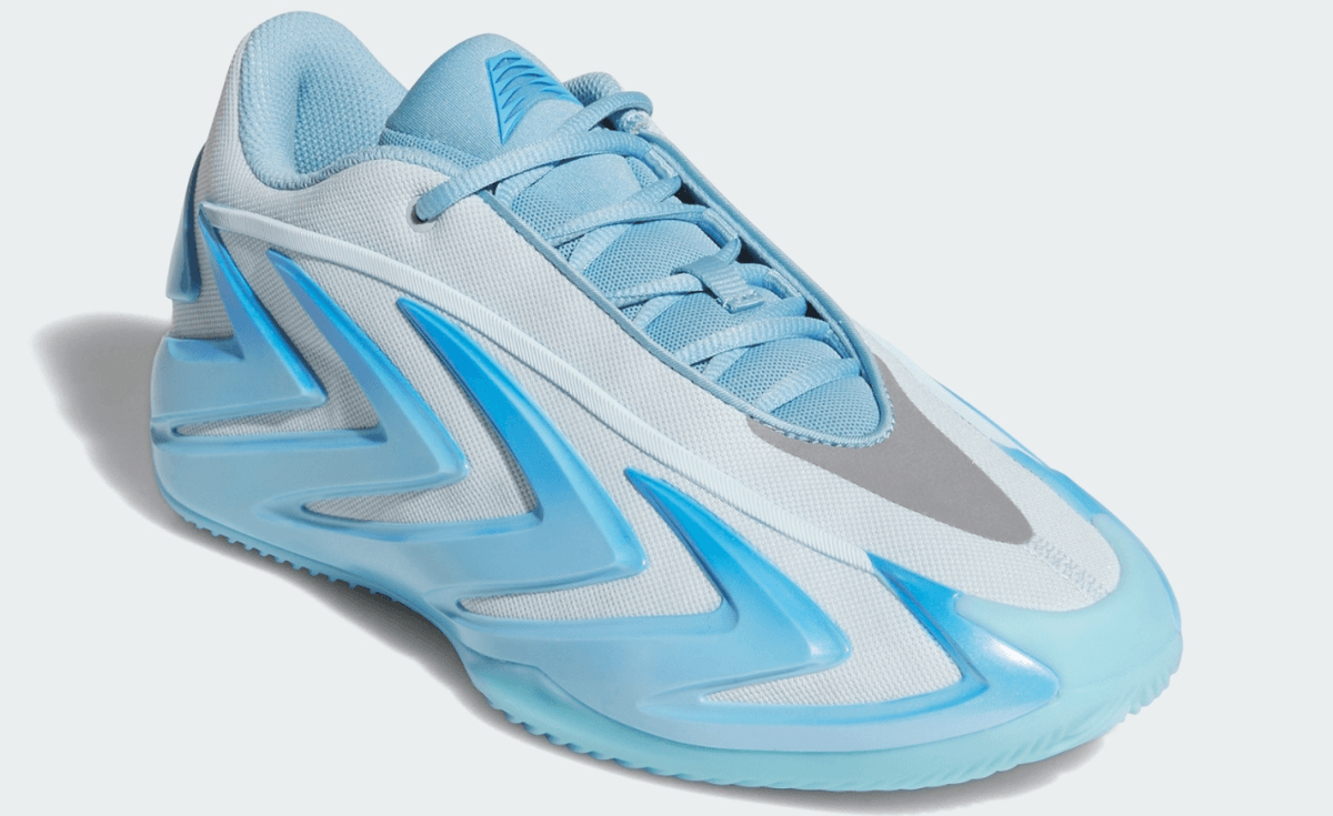 adidas AE 3 Bliss Blue low-top basketball shoe with light blue upper, icy blue accents, and TPU arrow cage support, multiple angles