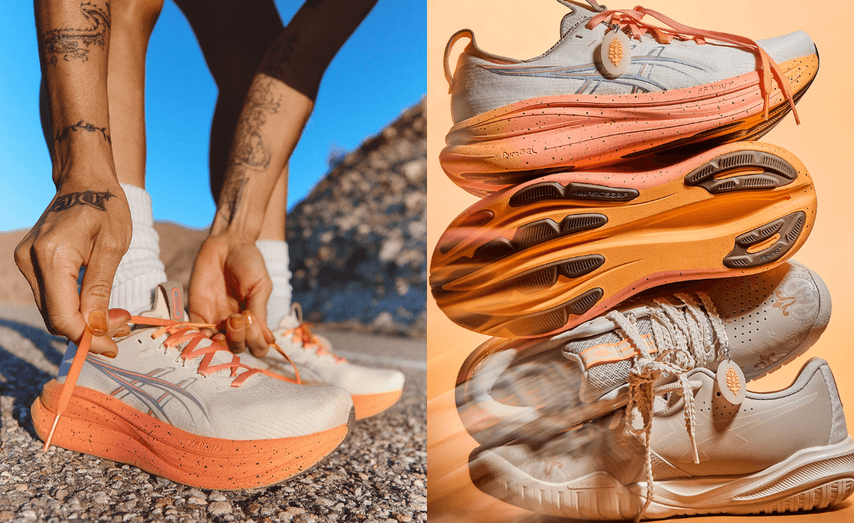 FP Movement x Asics collection featuring three running silhouettes in peachy pink, tan, and grey colorways