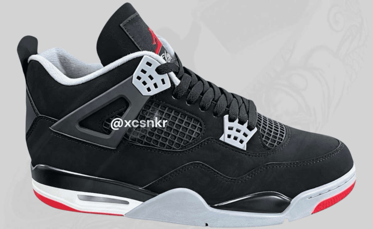 Air Jordan 4 Retro Bred in black nubuck with grey lace wings and red accents, OG 1989 colorway recreation