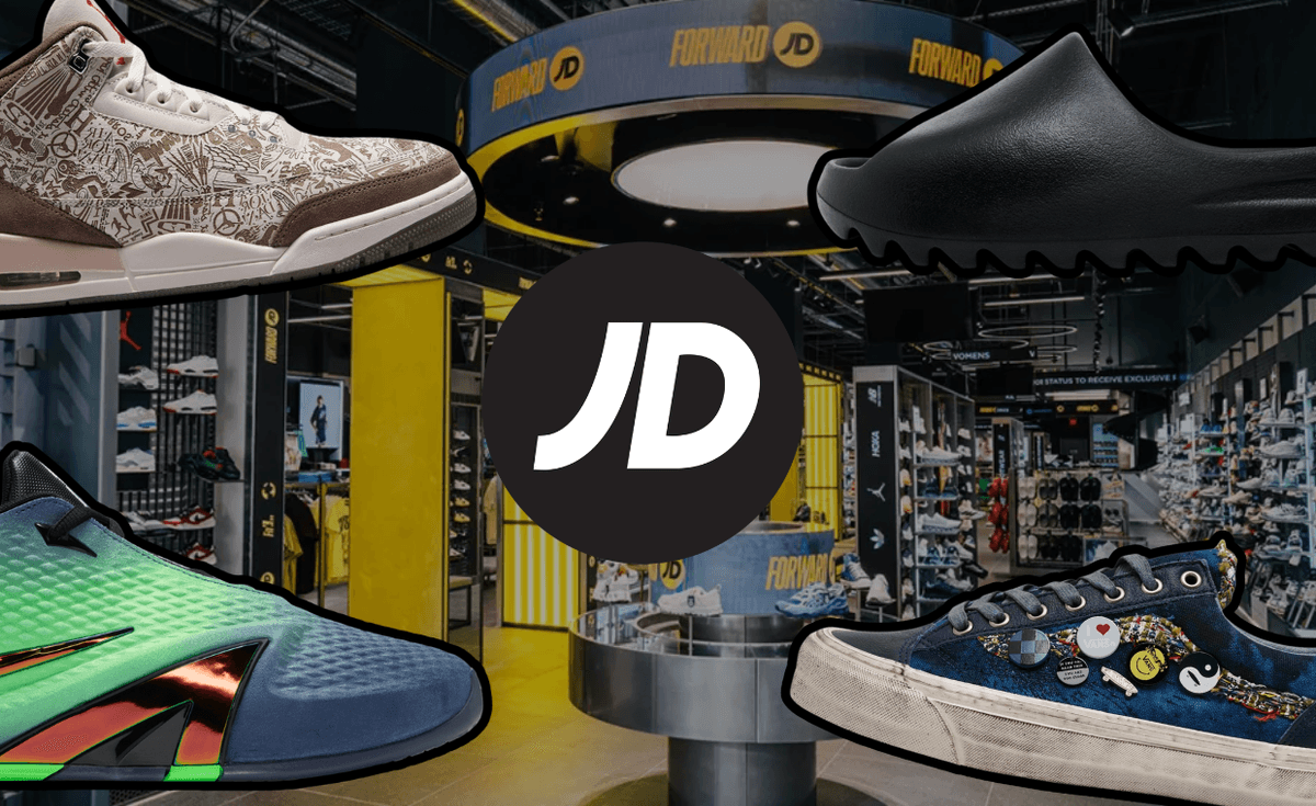 JD Sports August 2026 sneaker release lineup including Yeezy, Nike Ja 4, and Air Jordan retros displayed on neutral background