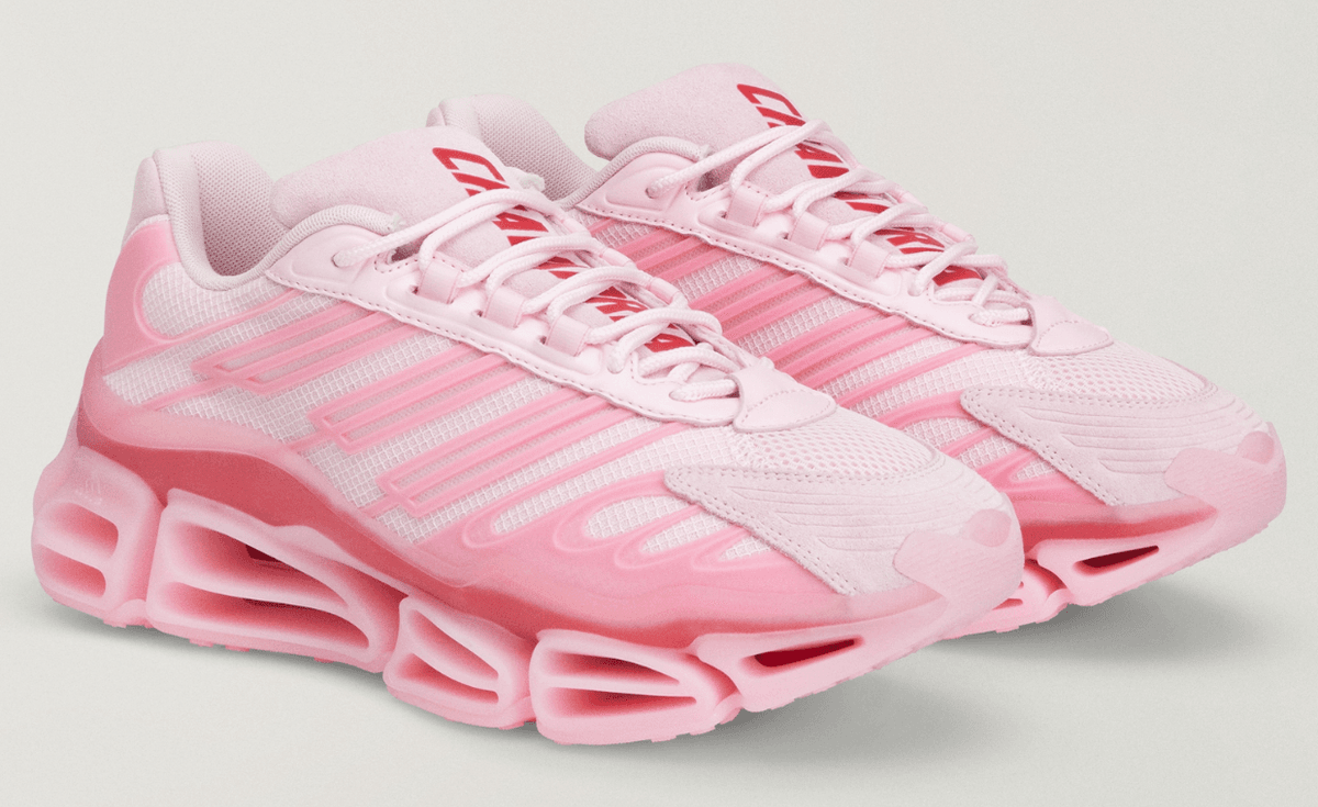 Willy Chavarria x adidas Megaride AG in bubblegum pink with Powder Red midsole support, official product shot from multiple angles