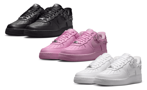 Nike Air Force 1 Low Flower Pack in Black, White, and Pink Rise with velvet sockliners and leather floral details