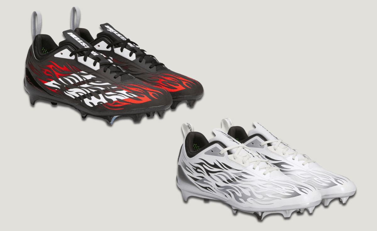 Hellstar x adidas Adizero Electric II Cleats Pack in black and red and black and white colorways featuring flame graphics across side panels and toebox