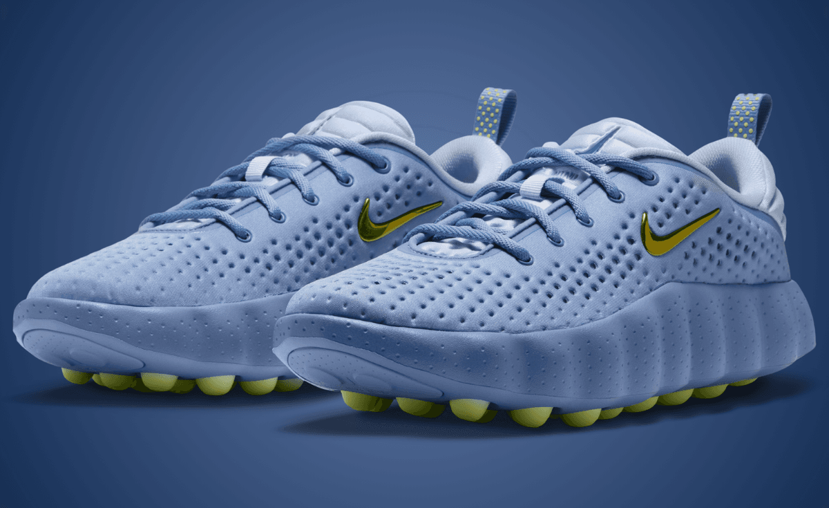 Nike Mind 002 in steel blue foam with lemon yellow accent nodes, women's silhouette