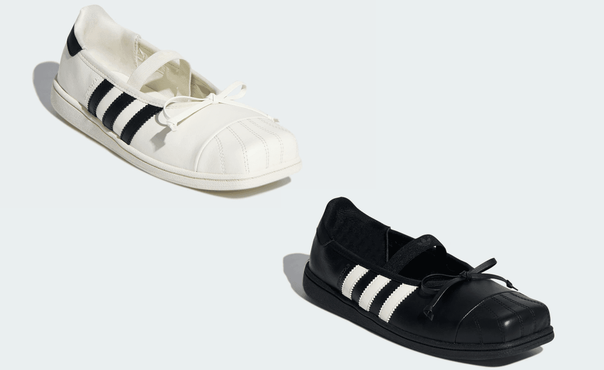 JENNIE x adidas Superstar Square Toe Ballet in black and white colorways, featuring elastic band construction and contrasting three-stripe detailing