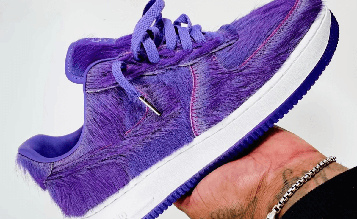 Nike Air Force 1 Low in purple shaggy horse hair material, inspired by The Wizard of Oz