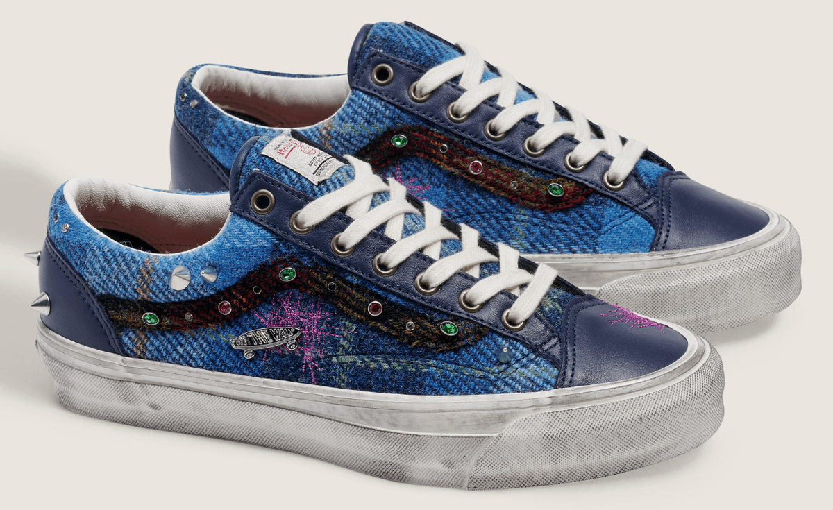 Vans Old Skool 36 in Harris Tweed plaid with spiked and jeweled accents