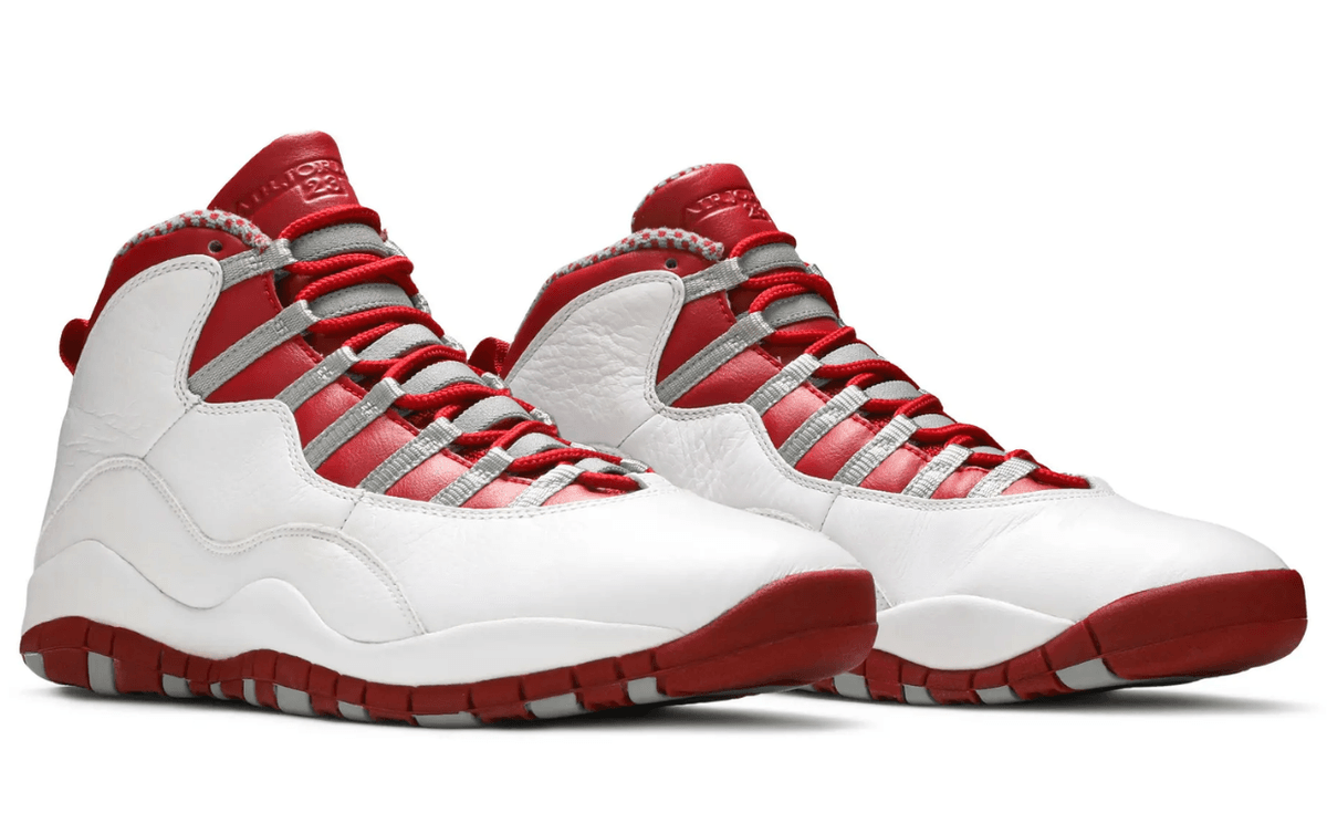 Air Jordan 10 Retro in Steel Red colorway with white base and red accents, displayed in profile view