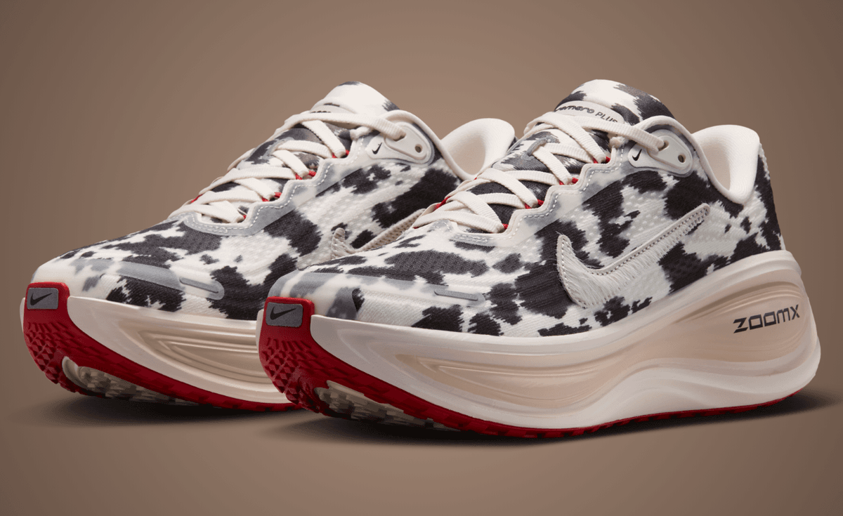 Nike Vomero Plus in white and black cow print fur upper, lifestyle trainer with textured pattern treatment