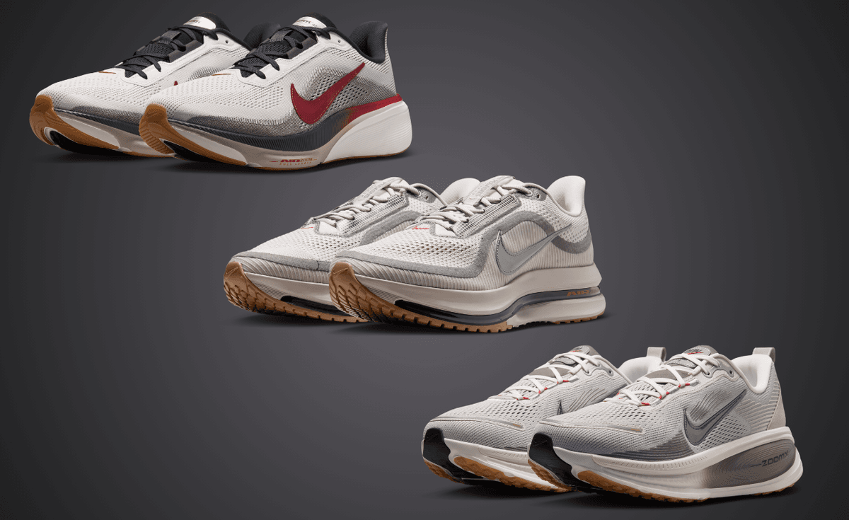 Nike Running Now and Then Collection featuring Pegasus Premium, Vomero 18, and Pegasus 42 in grey mesh with red and black accents