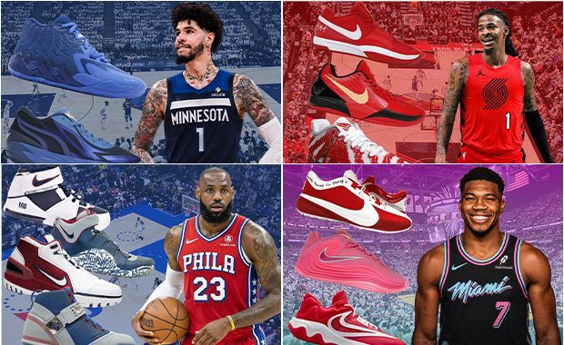 Collection of Nike and Puma signature basketball shoes in team colorways matching new NBA franchises for LeBron James, Jaylen Brown, LaMelo Ball, Ja Morant, and Giannis Antetokounmpo