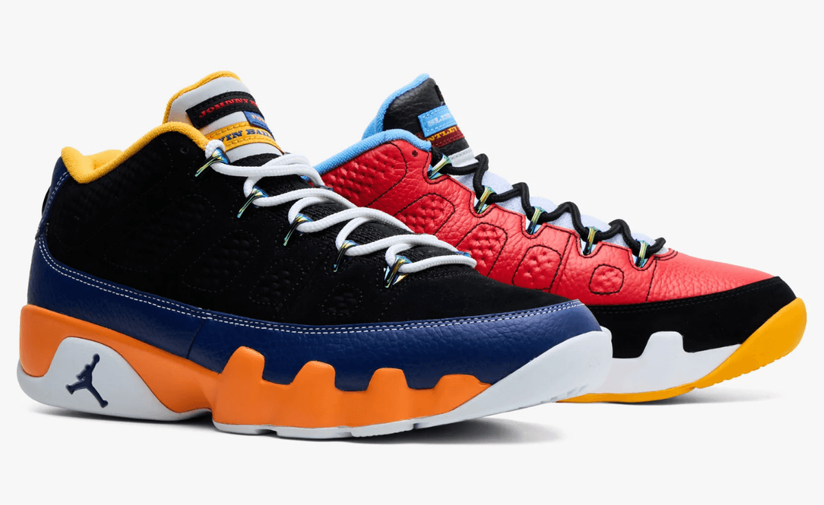 Air Jordan 9 Retro Low What The Kilroy featuring asymmetric red leather and black nubuck with mixed colorway panels from the 1993 Kilroy campaign