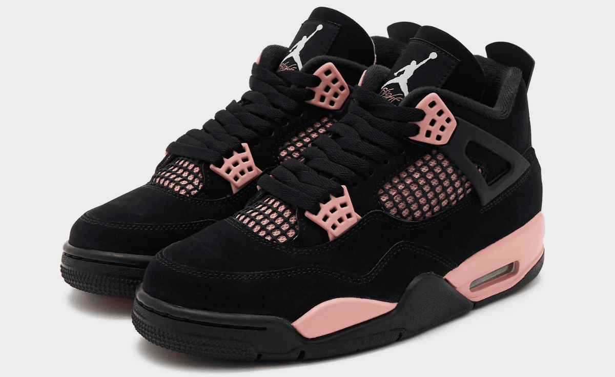 Air Jordan 4 Retro Pink Thunder in black suede and salmon mesh, women's sizing, December 2026 release