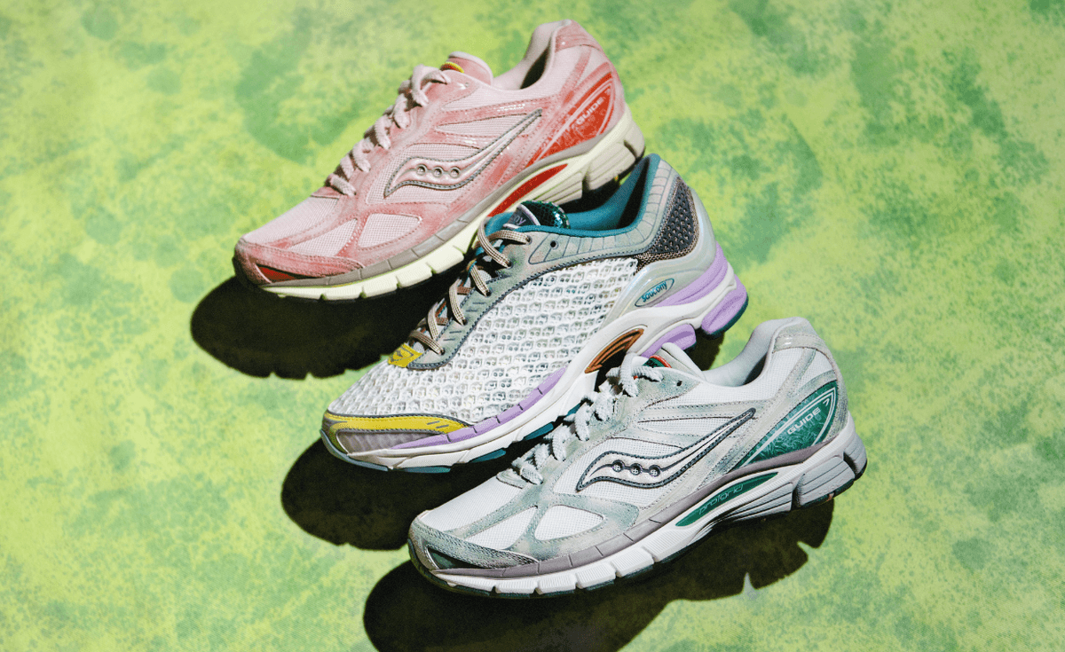 Saucony Spiritual Guidance Capsule three-pack featuring ProGrid Guide 7 in verde green and sienna red, ProGrid Paramount in white purple yellow, and Guide 19 in cloudy green white and orange