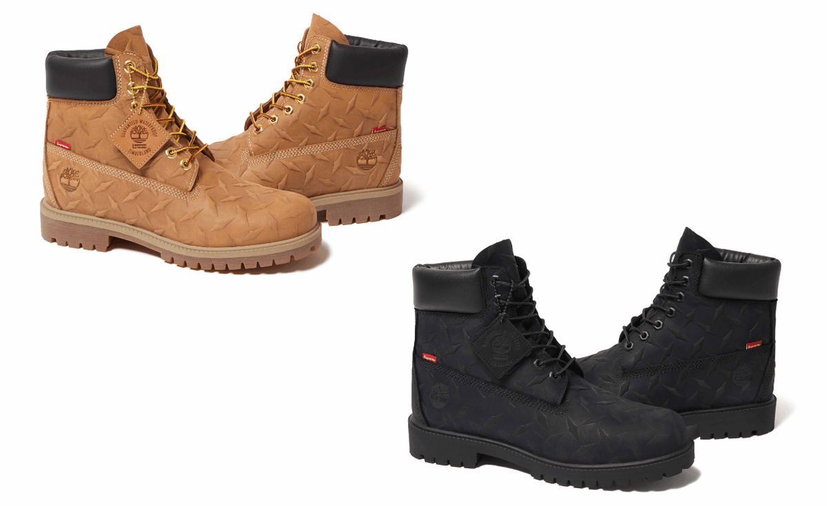 Supreme x Timberland diamond-plated 6-inch boot in Wheat and Triple Black colorways