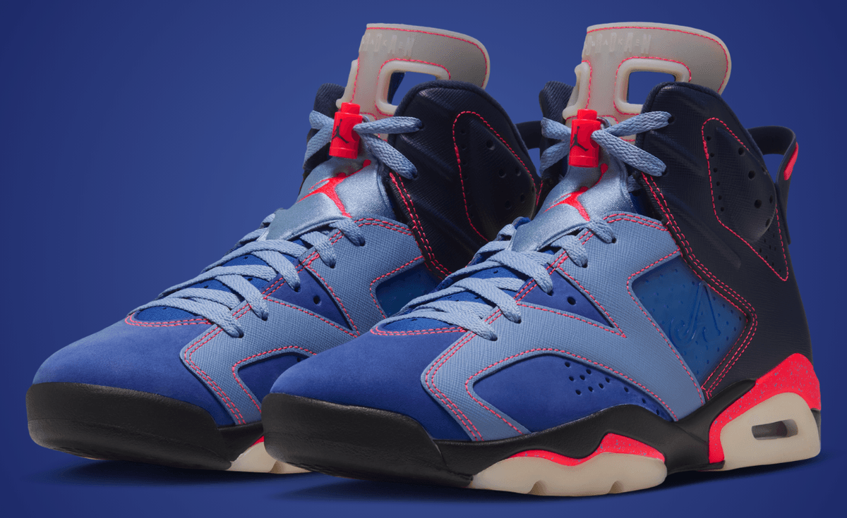 Awake NY x Air Jordan 6 Retro Blueberry showing three-tone blue upper with Infrared midsole detailing
