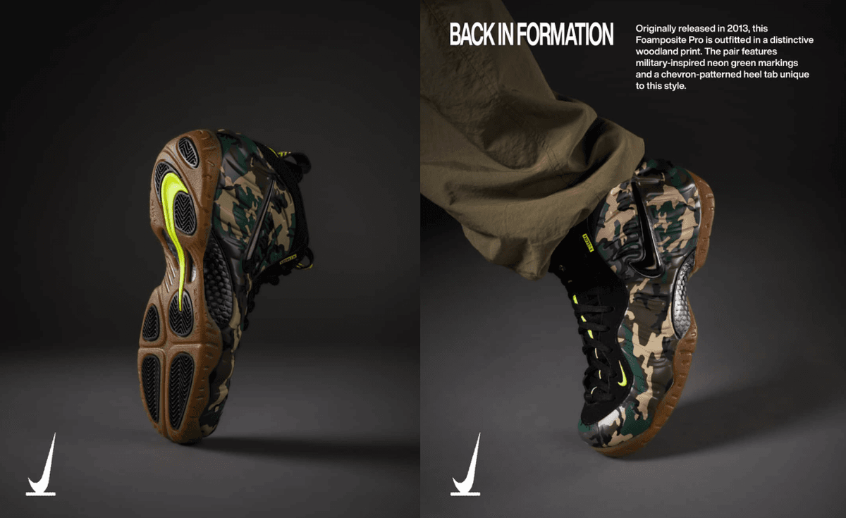 Nike Air Foamposite Pro Camo retro release featuring molded foam upper with camouflage pattern