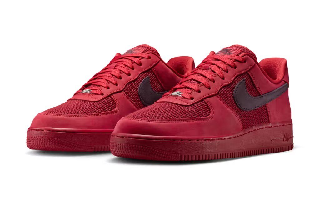 Nike Air Force 1 Low Woven in Tough Red, showing tonal woven upper construction and classic silhouette