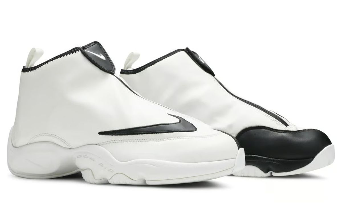 Nike Air Zoom Flight The Glove retro in white, black, and poison green colorway, Gary Payton signature basketball shoe