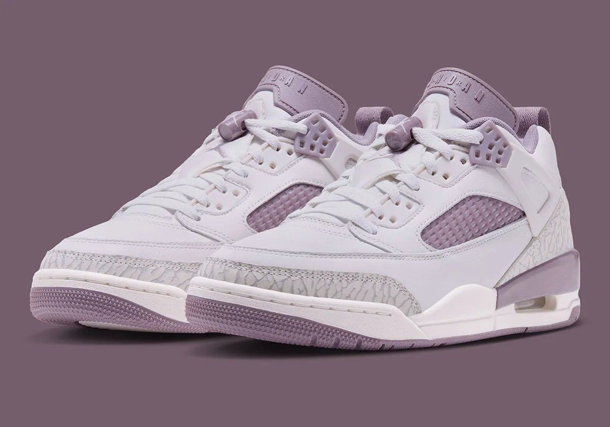 Jordan Spiz'ike Low 'Swan' women's colorway featuring swan white and light violet leather with grey elephant print detail
